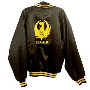 Vintage 80s Satin Ruger Fireaems Jacket Black and Yellow Button Up Size L